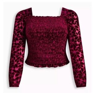 Torrid Velvet Smocked Blouson Sleeve Crop Top size 00 in Wine